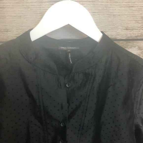 Oleg Cassini Black Tuxedo Polka Dot Mandarin Collar Button Up Blouse Med… - Picture 7 of 16